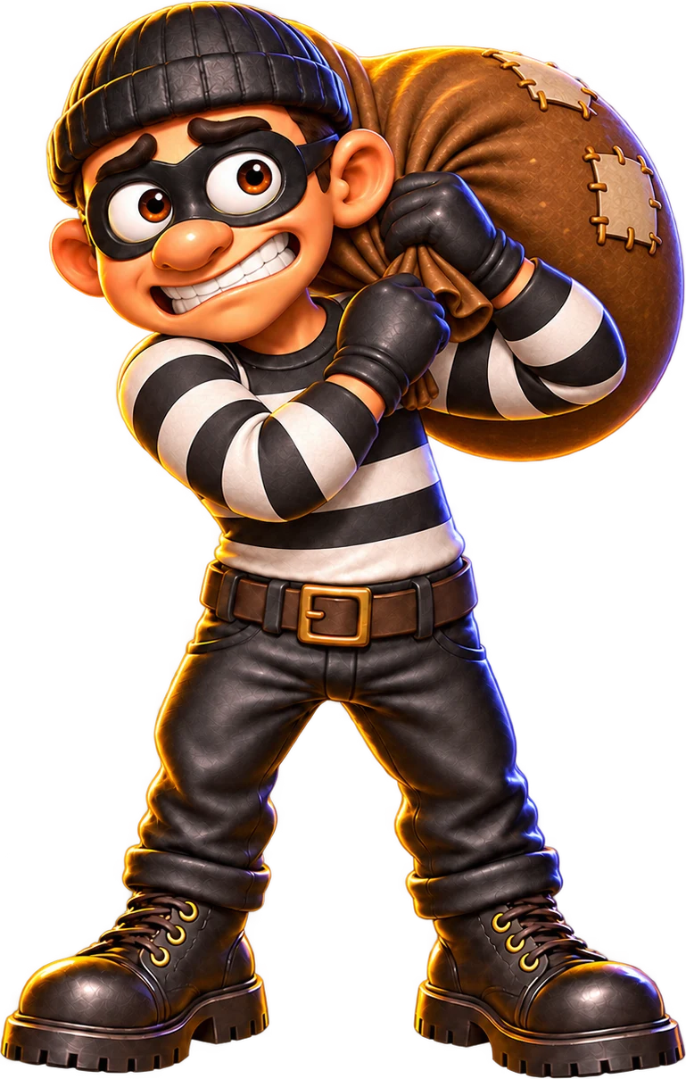 The cheeky cartoon robber from Crack & Grab carrying his loot sack